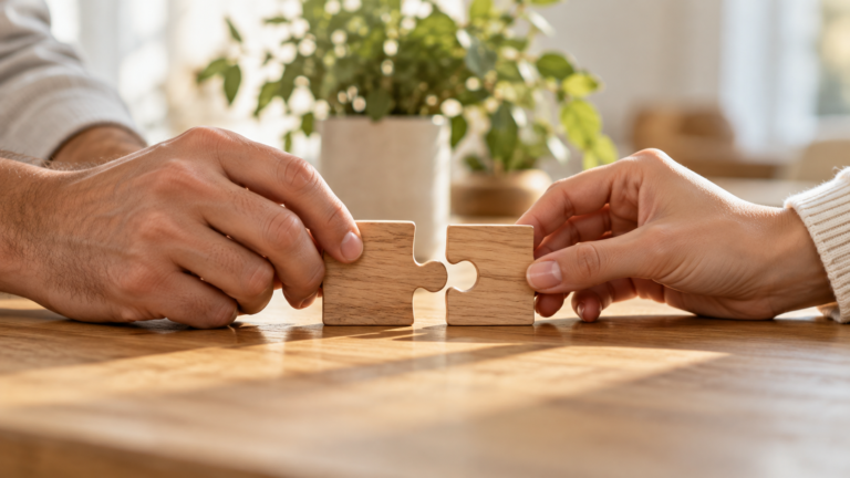 Două mâini apropie piese de puzzle din lemn, simbol al rezolvării conflictelor în cuplu.