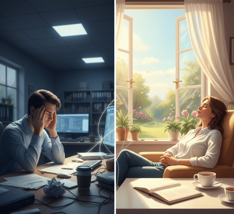 «Micile obiceiuri pot schimba felul în care ne privim viața.» Această imagine ilustrează perfect alegerea pe care o avem de făcut zilnic. În stânga: realitatea copleșitoare a stresului la locul de muncă, unde presiunea deadline-urilor se transformă în epuizare. În dreapta: rezultatul prioritizării sănătății mintale. Nu trebuie să rămâi blocat în întuneric. Recunoașterea semnelor – de la iritabilitate la lipsa de concentrare – este primul pas pentru a lăsa lumina să intre. Învață să recunoști când „paharul e plin” și cere ajutor atunci când simți că nu mai poți gestiona totul singur.