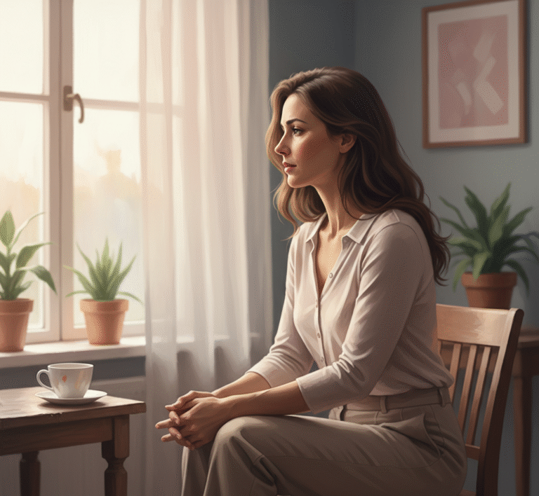 Femeie privind pe fereastră în lumină caldă, simbol al tristeții și al procesului de vindecare emoțională – psiholog online România.