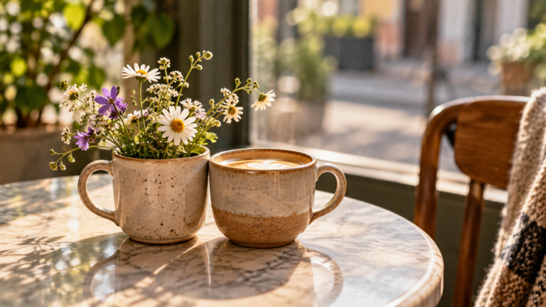 Două cești apropiate, una cu flori și una cu cafea, simbol al iubirii pasionale și al prieteniei.