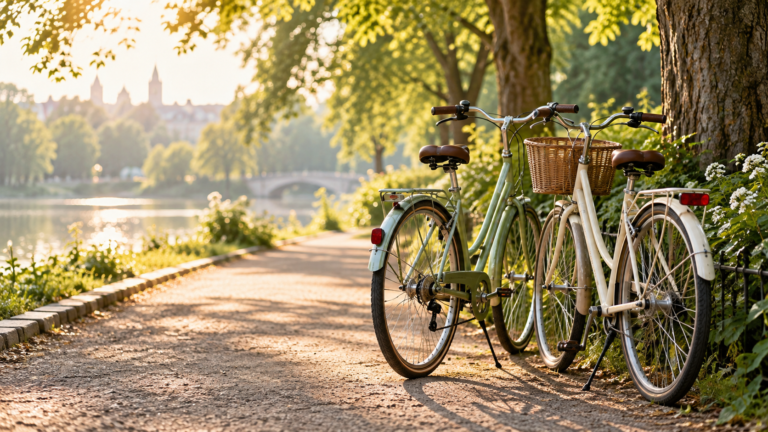 Două biciclete alăturate pe o alee însorită, simbol al unei relații de cuplu fericite.