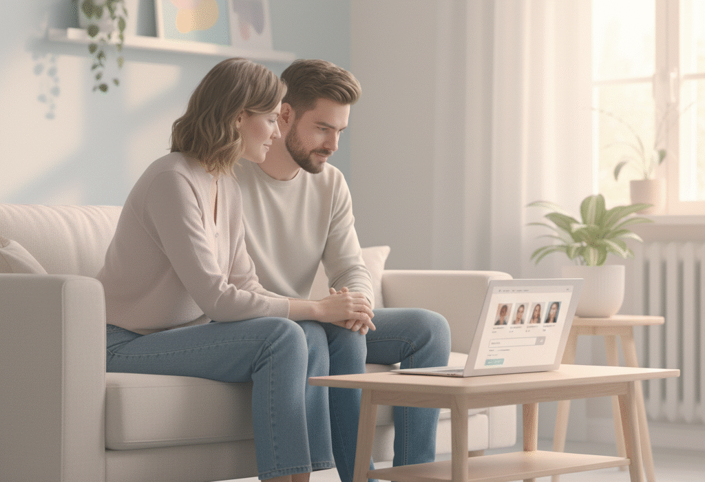 Cuplu într-o ședință de terapie online, discutând cu psihologul pe laptop, într-un cadru calm și pastelat – psiholog online România