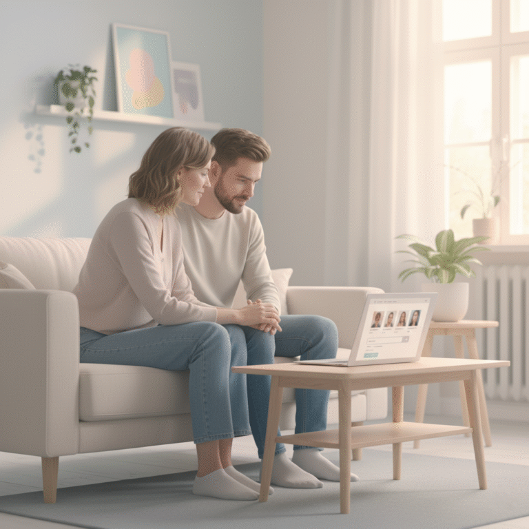 Cuplu într-o ședință de terapie online, discutând cu psihologul pe laptop, într-un cadru calm și pastelat – psiholog online România