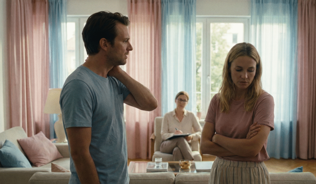 Cuplu vorbind sincer într-un cadru calm, reprezentând consilierea de cuplu și comunicarea sănătoasă în relație