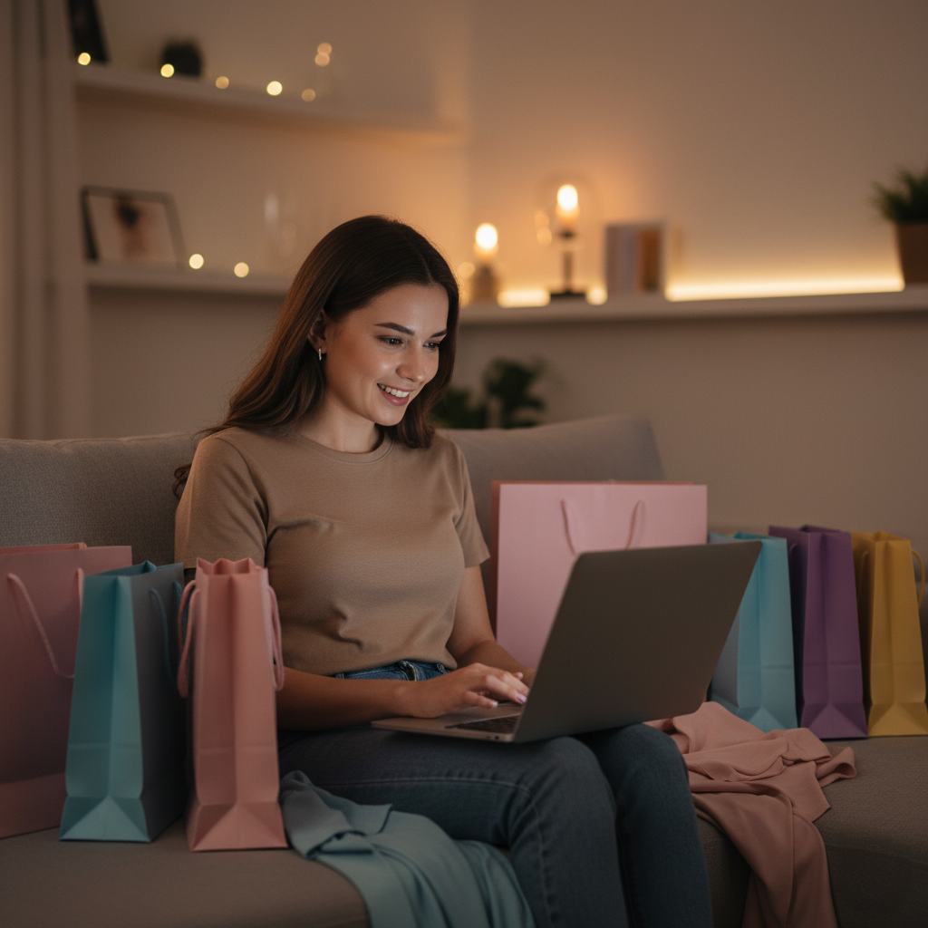 Femeie tânără privind un laptop, înconjurată de pungi de cumpărături, lumină caldă de seară – simbol al cumpărăturilor impulsive și al emoțiilor contradictorii.