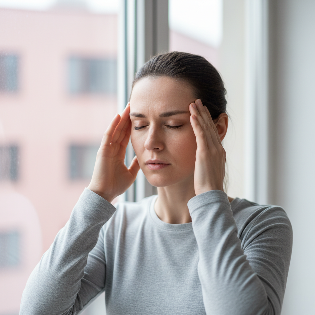 Persoană respirând adânc lângă o fereastră, într-o lumină naturală difuză, sugerând introspecție și efortul de control al emoțiilor.