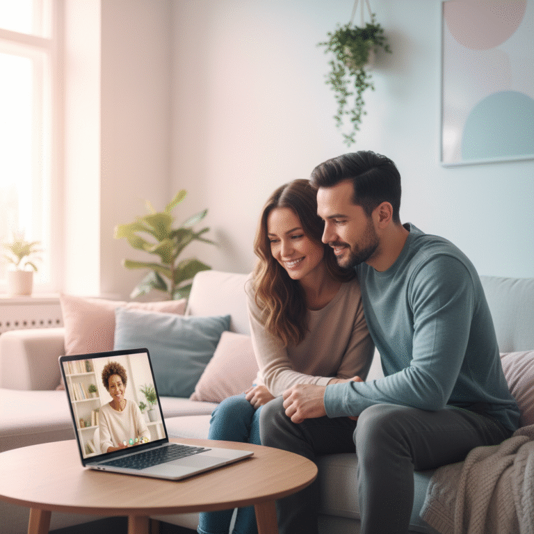 Cuplu participând la o ședință de terapie de cuplu online, discutând calm cu psihologul prin videoconferință, într-un cadru cald și empatic.