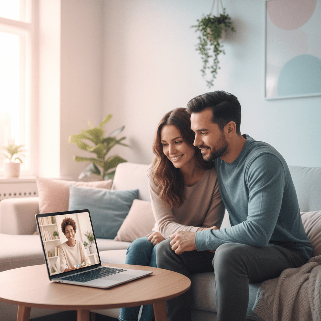 Cuplu participând la o ședință de terapie de cuplu online, discutând calm cu psihologul prin videoconferință, într-un cadru cald și empatic.