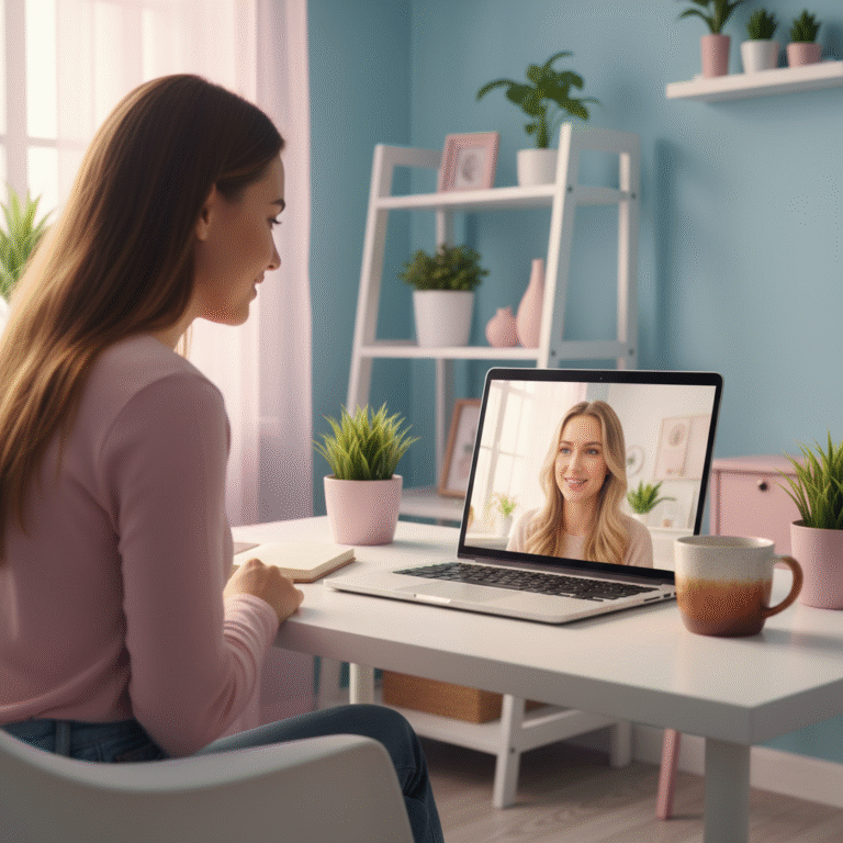 Femeie stând la birou și discutând cu o psiholoagă caucaziană într-o ședință de terapie online, într-un cadru luminos și empatic.