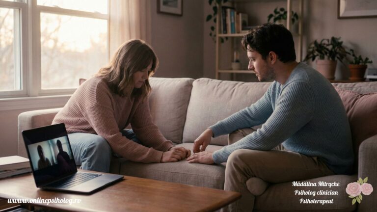 Cuplu în ședință de terapie de cuplu online, într-un cadru cald și empatic, sprijinit de un psiholog online România pentru reconectare și vindecare emoțională.