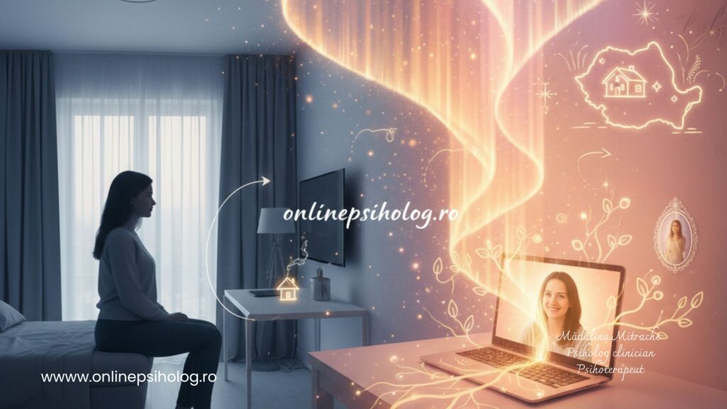 Persoană discutând liniștită la telefon, învățând să-și stabilească limite sănătoase în relațiile de familie.