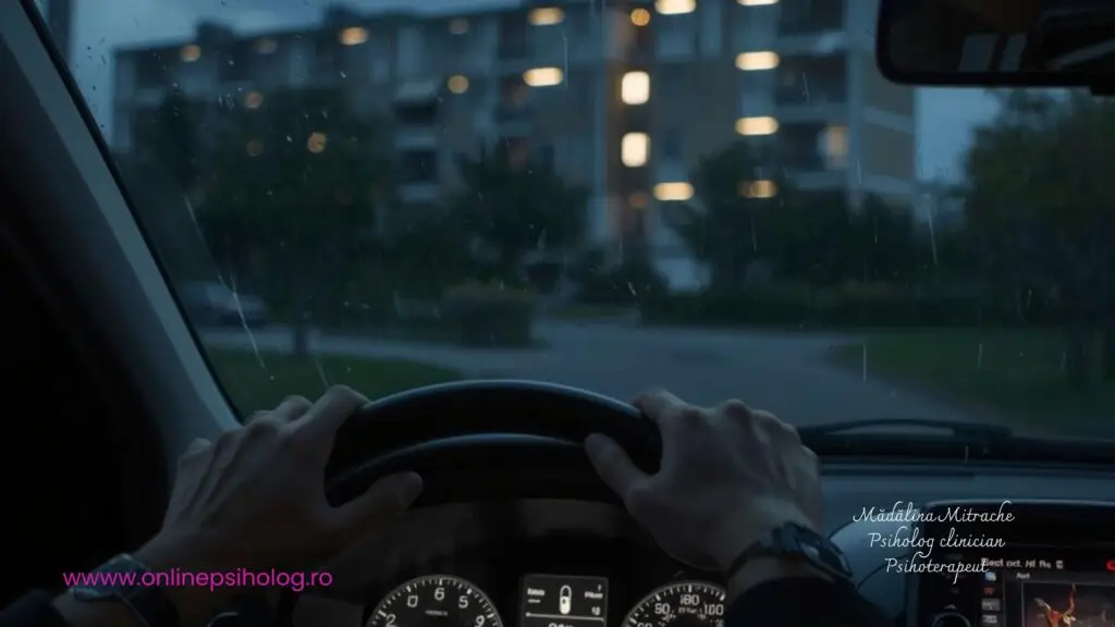 Persoană stând în mașină seara, privind spre bloc și ezitând să intre în casă din cauza oboselii relaționale.
