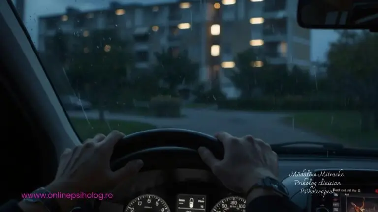 Persoană stând în mașină seara, privind spre bloc și ezitând să intre în casă din cauza oboselii relaționale.