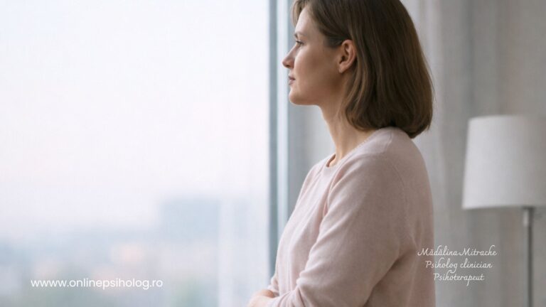 Persoană adultă într-un moment de reflecție lângă o fereastră, ilustrând amorțeala emoțională și căutarea echilibrului interior