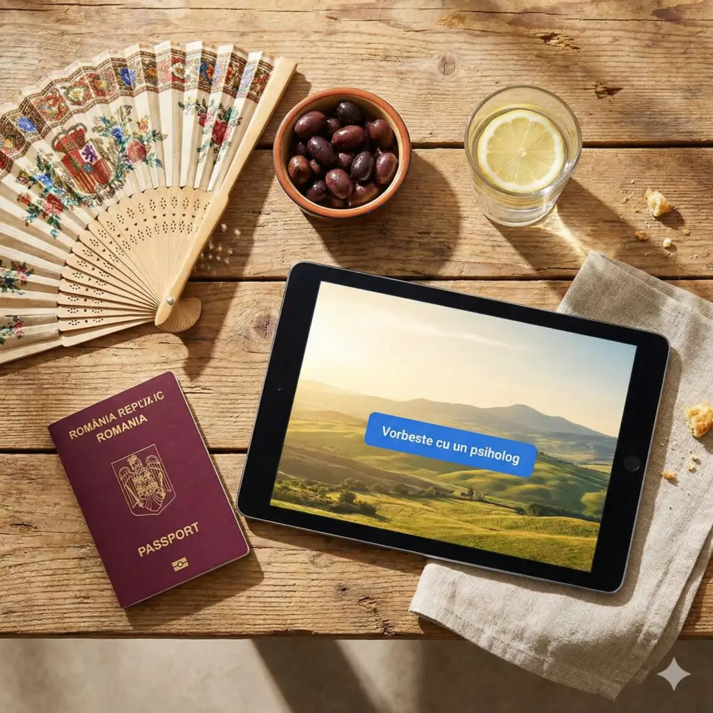 Pașaport românesc, evantai spaniol și tabletă cu mesajul Vorbește cu un psiholog, reprezentând conexiunea emoțională a românilor din Spania.