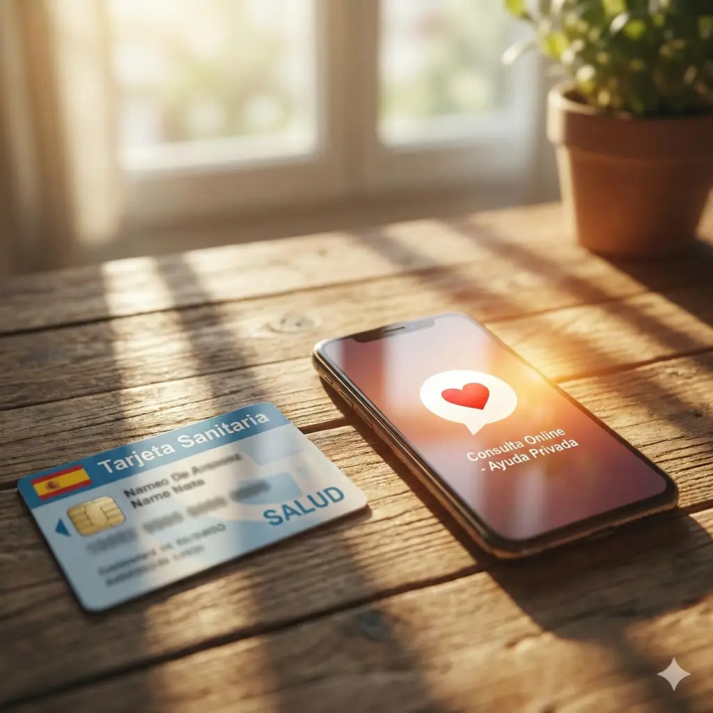 Card de sănătate spaniol Tarjeta Sanitaria lângă un telefon cu aplicație de terapie online privată, simbolizând discreția față de Seguridad Social.