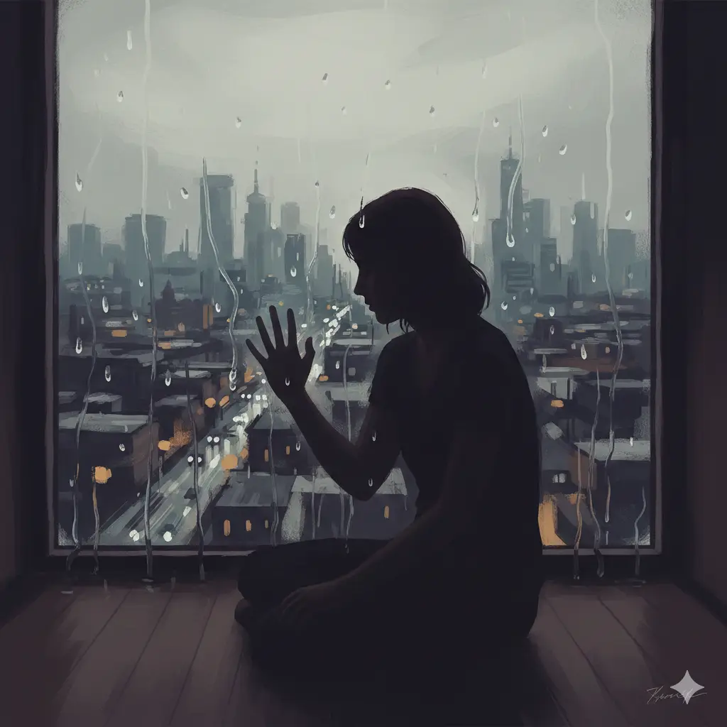 Cinematic shot, view from behind of a solitary person standing on a balcony overlooking a vast European city at twilight, cold blue and grey tones, city lights twinkling in the distance, feeling of being small in a big world, hyperrealistic, 8k, emotional atmosphere.