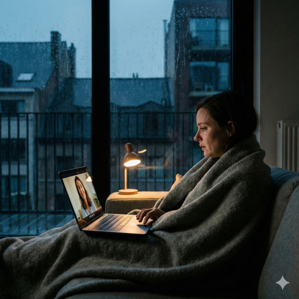 Alt Text: Persoană în diaspora stând pe canapea sub o pătură, într-un apartament luminat difuz din nordul Europei, având o ședință de psihoterapie online pe laptop. Afară este întuneric și plouă, în timp ce ecranul reflectă chipul cald al unui psiholog român, simbolizând alinarea dorului de casă și a izolării.