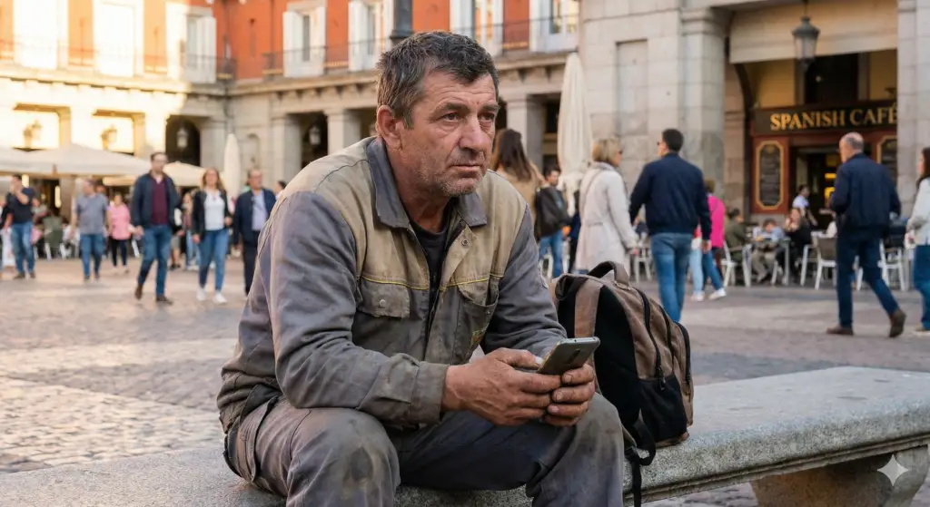 Bărbat în haine de lucru, vizibil epuizat, stând pe o bancă într-o piață din Spania și căutând sprijin pe telefon, ilustrând burnout-ul în diaspora.