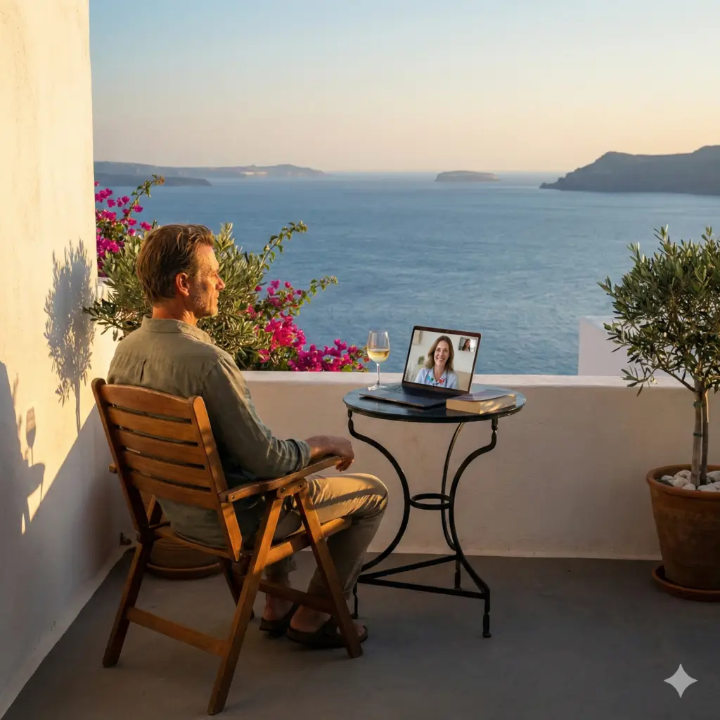 Persoană în diaspora din Spania discutând prin video-apel cu un psiholog român online, pe o terasă mediteraneană cu vedere la mare.