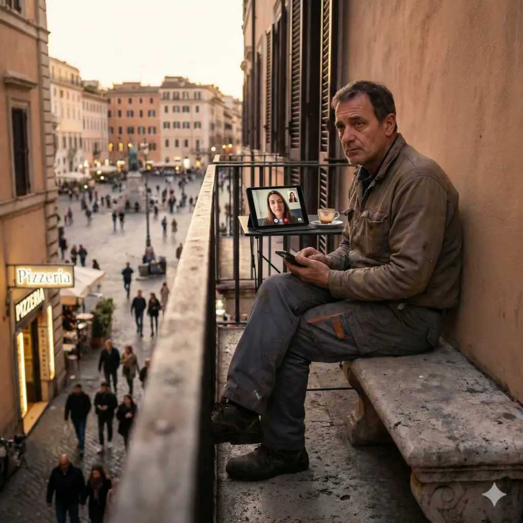 Bărbat în haine de lucru, vizibil epuizat, stând pe o bancă într-o piață din Spania și căutând sprijin pe telefon, ilustrând burnout-ul în diaspora.