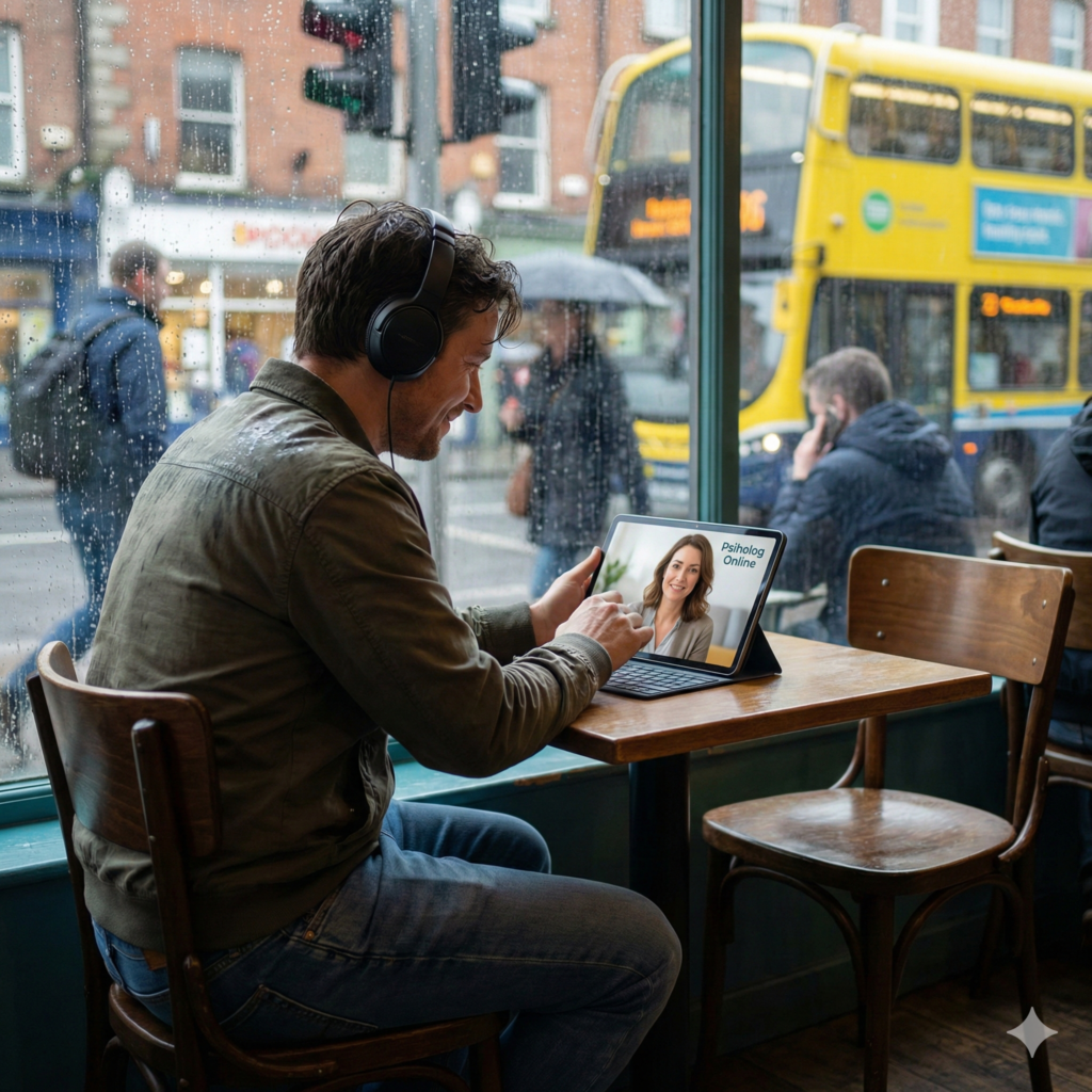 Persoană cu căști într-o cafenea aglomerată dintr-o metropolă europeană, complet absorbită de o ședință de consiliere psihologică online pe tabletă. Imaginea ilustrează bula de siguranță creată de un psiholog român în diaspora, oferind suport emoțional în mijlocul agitației și singurătății urbane.