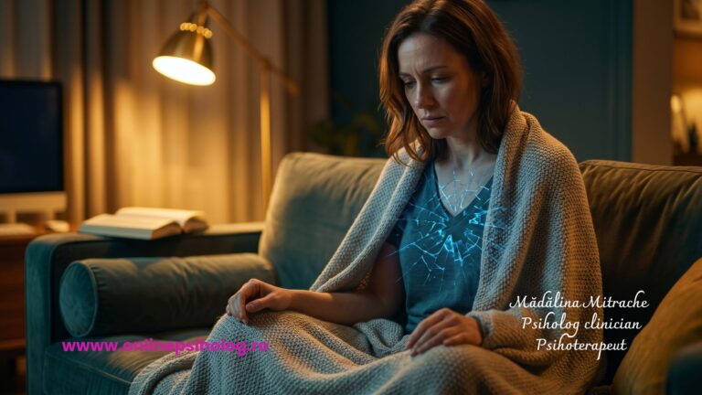 Perspectiva unei femei așezate pe canapea, cu un model fractal albastru rece pe piept care simbolizează anxietatea și panica internă, contrastând cu mediul cald și liniștit de seară din living.