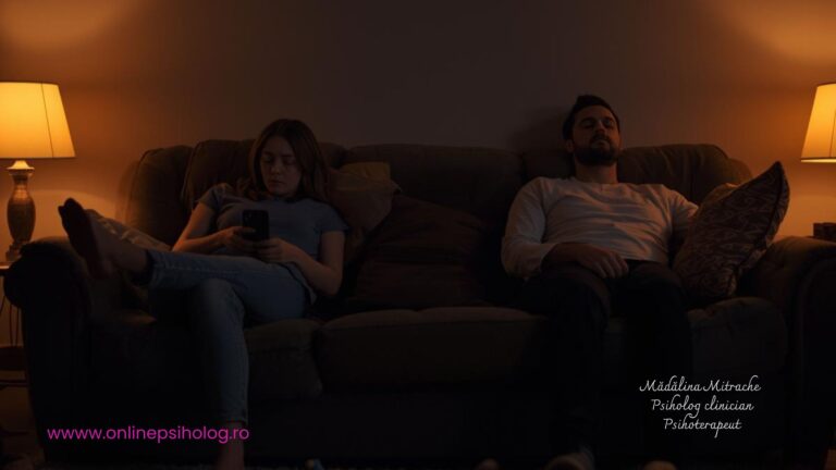 Cuplu de părinți stând epuizați pe canapea, la distanță unul de celălalt, ilustrând deconectarea emoțională după apariția copiilor.