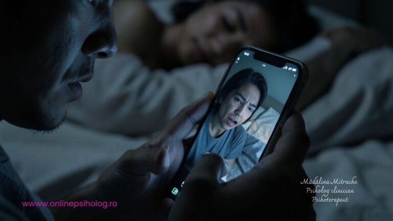 Persoană anxioasă verificând telefonul noaptea, ilustrând gelozia, nevoia de control și frica de abandon în relația de cuplu.