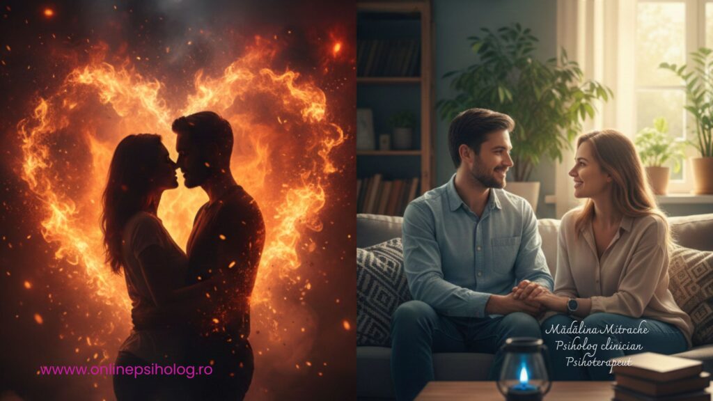 Cuplu discutând calm pe canapea, simbolizând trecerea de la chimia sexuală la compatibilitatea emoțională profundă