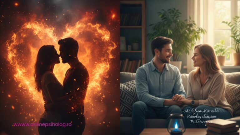 Cuplu discutând calm pe canapea, simbolizând trecerea de la chimia sexuală la compatibilitatea emoțională profundă