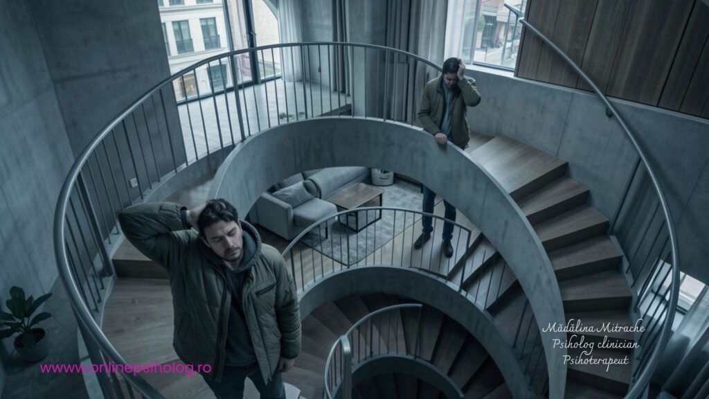 Grafic conceptual reprezentând ciclul conflictelor repetitive în cuplu și nevoile emoționale ascunse.