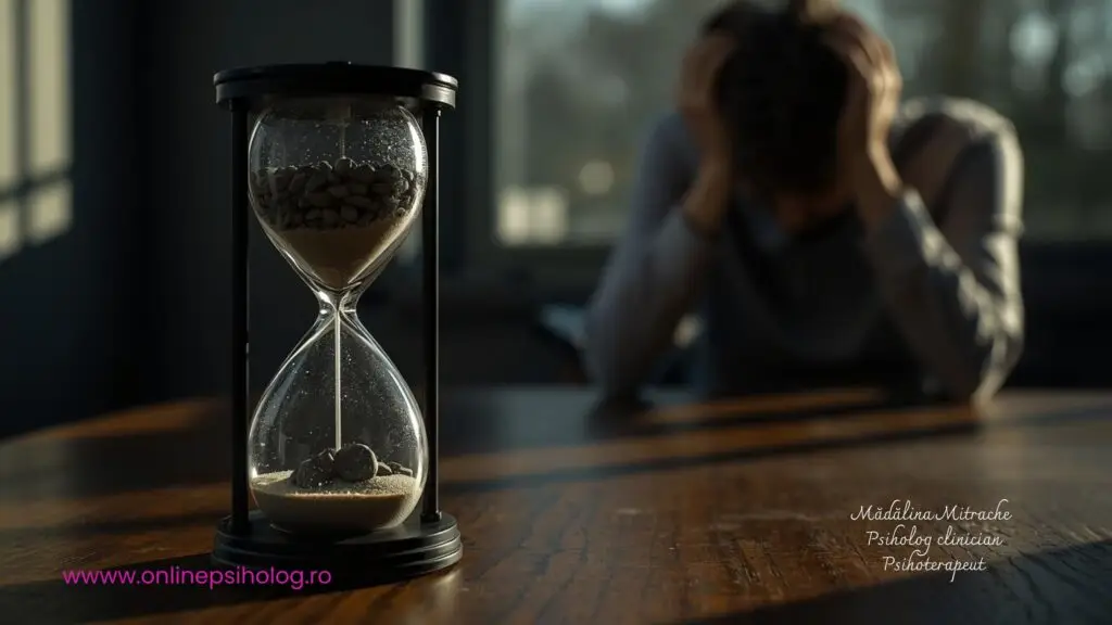 Clepsidră blocată cu pietre în loc de nisip, simbolizând problemele emoționale care nu trec de la sine odată cu timpul.