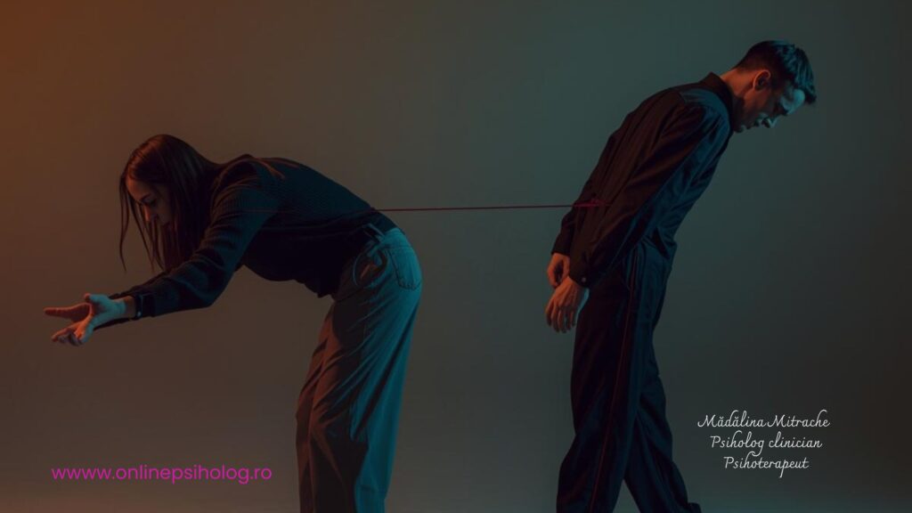 Cuplu reprezentând dinamica dintre stilul de atașament anxios și cel evitant, unul caută apropiere, celălalt se distanțează.