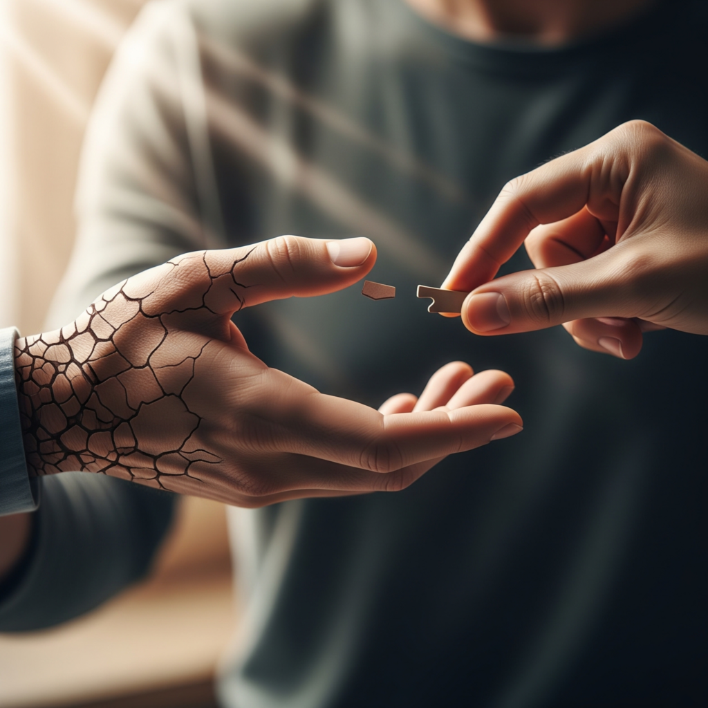 Conceptul Kintsugi (repararea cu aur) simbolizând reconstruirea încrederii într-o relație de cuplu după o trădare.