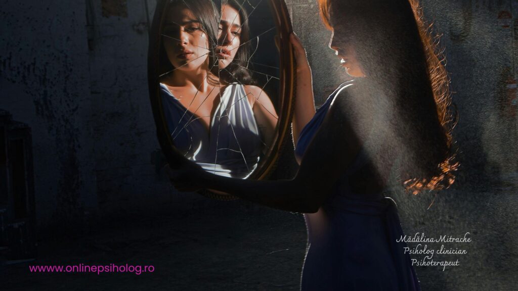 Reflexie neclară într-o oglindă, simbolizând confuzia mentală și îndoiala de sine provocate de gaslighting.
