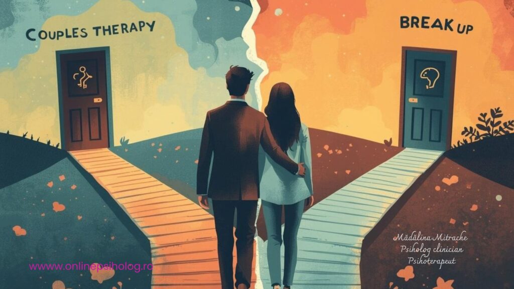 Cuplu aflat la răscruce, ilustrând decizia de a merge la terapie de cuplu sau de a se despărți.