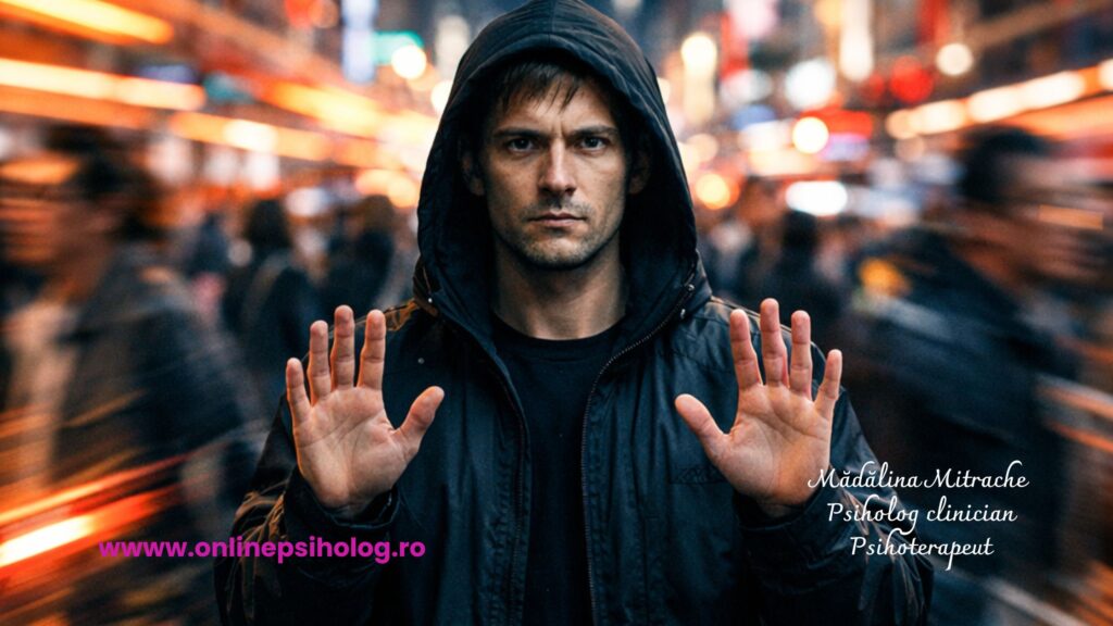 O persoană stând nemișcată în mijlocul unei străzi aglomerate și blurate, simbolizând sentimentul de suprastimulare senzorială și pragul unui atac de panică cauzat de efortul de procesare a mediului.