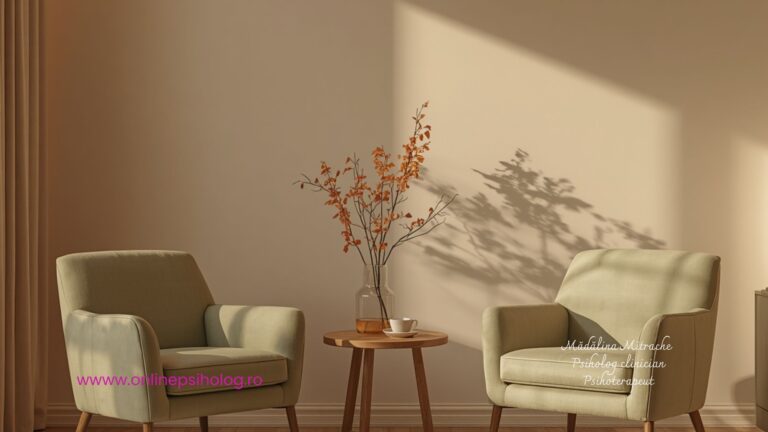 Două fotolii într-un cabinet de psihoterapie, sugerând spațiul necesar și granițele sănătoase într-o relație.