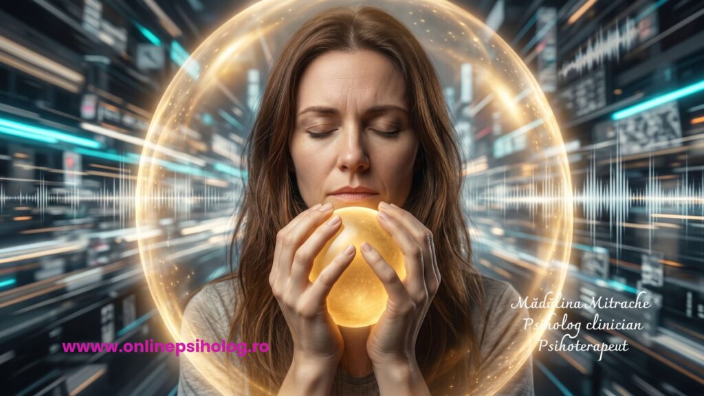 O femeie cu ochii închiși, protejată de un câmp de lumină caldă, simbolizând aplicarea tehnicilor de liniștire a sistemului nervos în contextul suprastimulării și al atacului de panică.