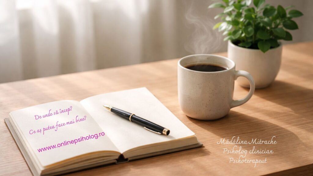 O persoană scriind într-un jurnal de introspecție, simbolizând procesul de vindecare și lucrul cu propriul critic interior în cadrul terapiei.