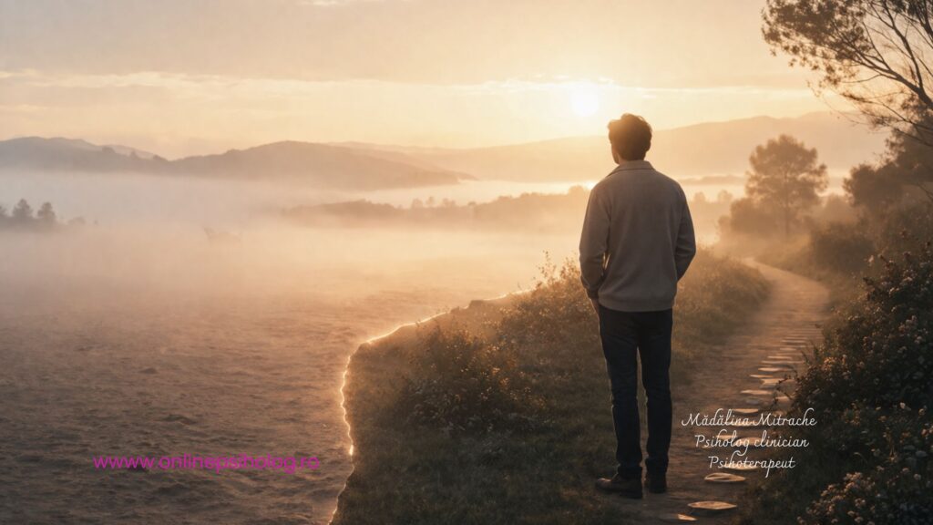 O persoană privind spre un orizont luminat, simbolizând eliberarea de trecut și iertarea de sine.