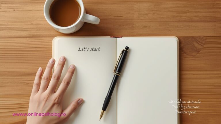 O agendă deschisă și un gest blând de stop, simbolizând setarea unor limite sănătoase în viața personală și profesională.