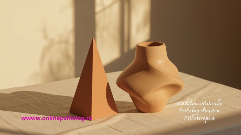 Două obiecte ceramice lucrate manual așezate unul lângă celălalt sub o lumină caldă: o prismă geometrică perfectă și o vază organică, asimetrică, simbolizând coexistența dintre structură și fluiditate în cuplul neurodivers.