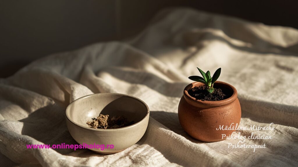 Un bol de ceramică și o plantă în ghiveci așezate pe un material de in la lumina apusului, simbolizând ancorarea senzorială și recuperarea din burnout.