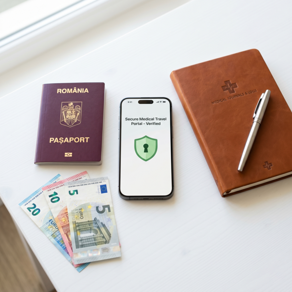 Pasaport romanesc, bancnote euro si ecran de telefon cu lacat, reprezentand confidentialitatea si siguranta sedintelor cu un psiholog roman in Belgia.