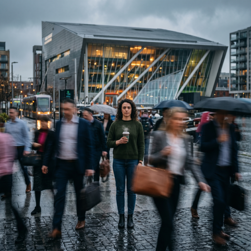 Persoana stand pe loc in mijlocul unei multimi blurate de navetisti din Dublin, sugerand burnout-ul si izolarea.