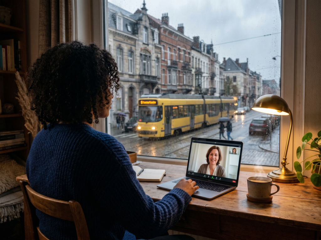 Femeie la birou in Bruxelles participand la o sedinta de psihoterapie online pe laptop, privind spre o strada cu arhitectura belgiana si un tramvai galben.