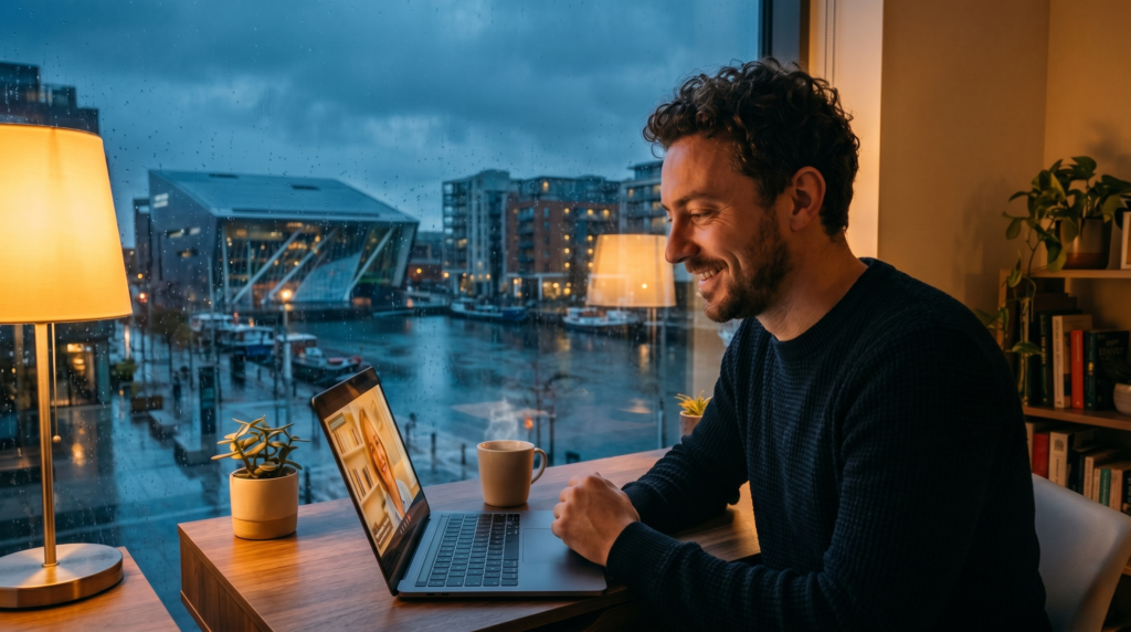 Barbat expat in Dublin zambind cu usurare in timpul unei sedinte de psihoterapie online cu un psiholog roman.