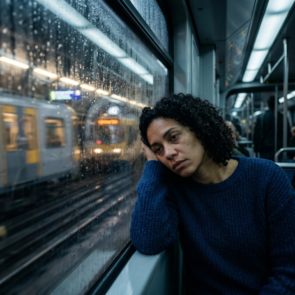 Femeie obosita rezemata de geamul metroului din Bruxelles, sugerand burnout-ul profesional si izolarea emotionala in diaspora din Belgia.